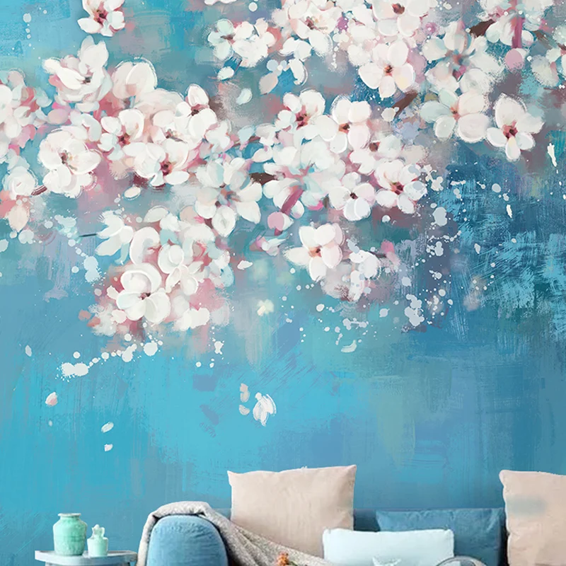 Vollgroßes Cluster-Blumen-Wandbild Rosa und Blau, Vliesstoff-Wandverkleidung für Akzentwände, individuelle Größe erhältlic...