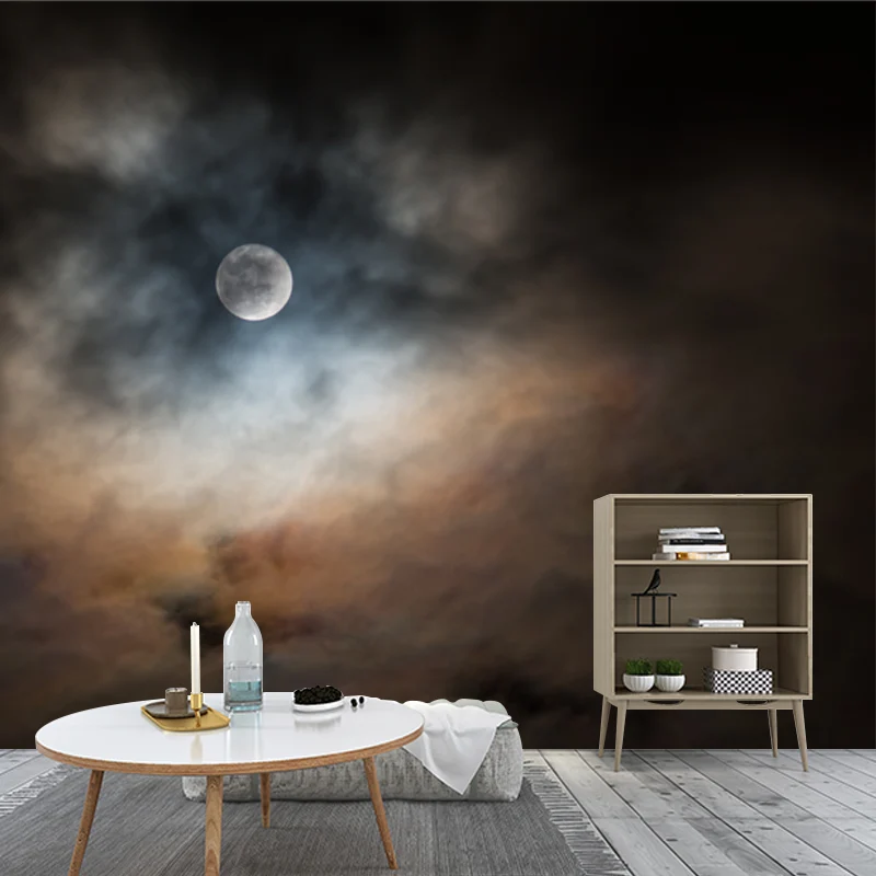 Vollmond hinter Wolken Wandbild schwarz-gelb, moderne Wandkunst für das Wohnzimmer Clearhalo