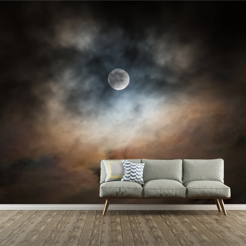 Vollmond hinter Wolken Wandbild schwarz-gelb, moderne Wandkunst für das Wohnzimmer Clearhalo