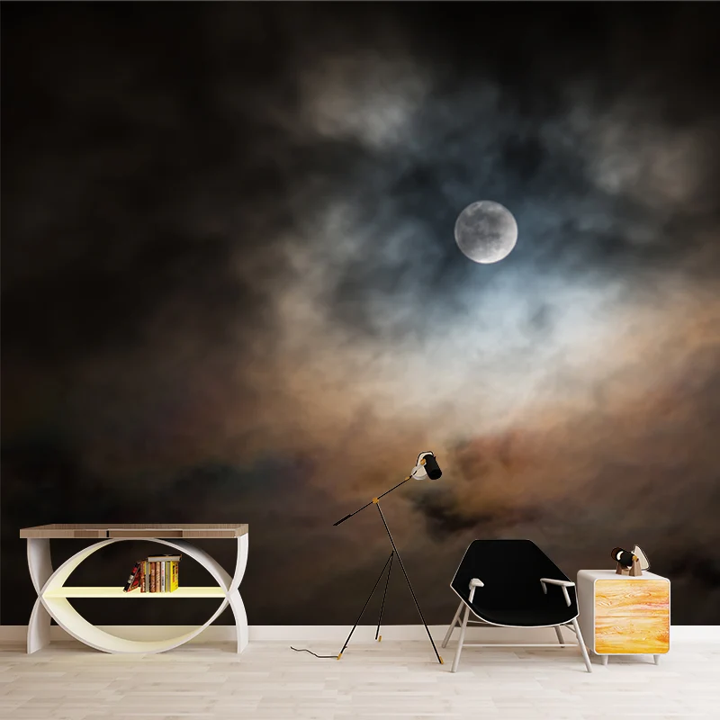 Vollmond hinter Wolken Wandbild schwarz-gelb, moderne Wandkunst für das Wohnzimmer Clearhalo