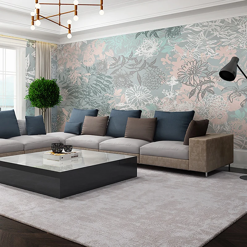 Vollständig illustriertes Wandbild mit blühenden Blumen für das Schlafzimmer Grau, individuelle Größe verfügbar Clearhalo