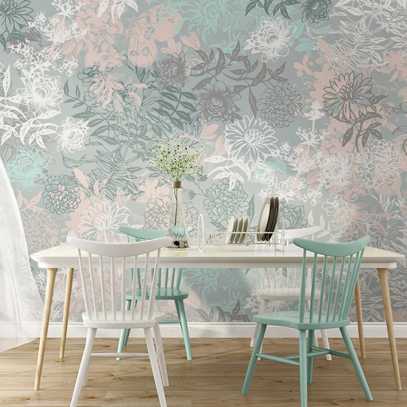 Vollständig illustriertes Wandbild mit blühenden Blumen für das Schlafzimmer Grau, individuelle Größe verfügbar Clearhalo