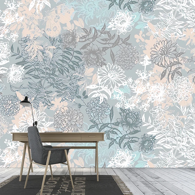 Vollständig illustriertes Wandbild mit blühenden Blumen für das Schlafzimmer Grau, individuelle Größe verfügbar Clearhalo