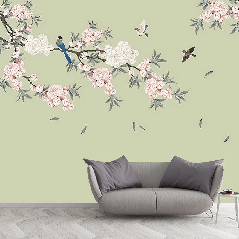 Vollständiges Blatt- und Blütenwandbild rosa und grünem, dekorativem Vliesstoff, individuell bedruckt Clearhalo