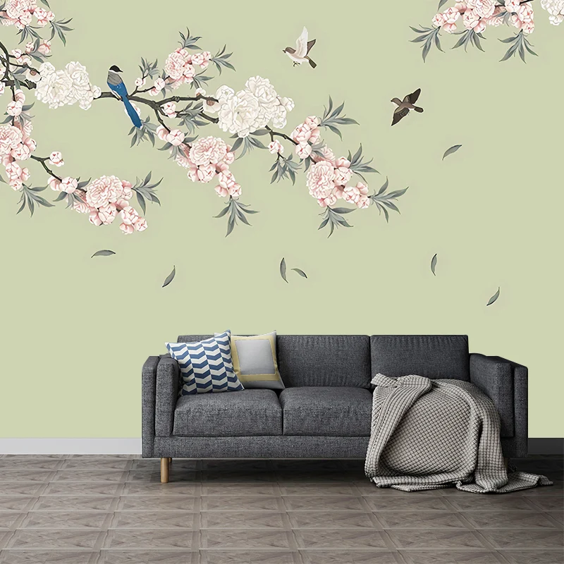Vollständiges Blatt- und Blütenwandbild rosa und grünem, dekorativem Vliesstoff, individuell bedruckt Clearhalo