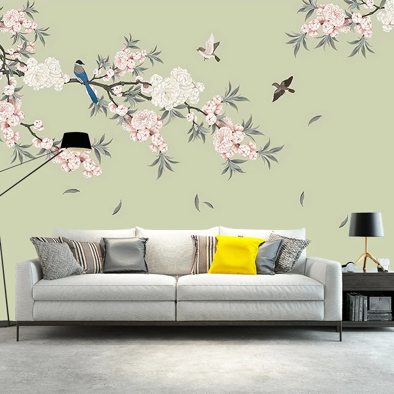 Vollständiges Blatt- und Blütenwandbild rosa und grünem, dekorativem Vliesstoff, individuell bedruckt Clearhalo