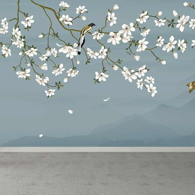 Wandbild mit Vogel- und Blumenzweigen für Zuhause, neblige Berglandschaft, Wandkunst Blau als Dekoration Clearhalo