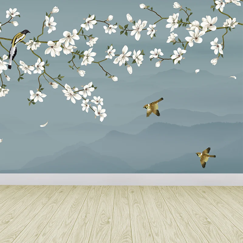 Wandbild mit Vogel- und Blumenzweigen für Zuhause, neblige Berglandschaft, Wandkunst Blau als Dekoration Clearhalo