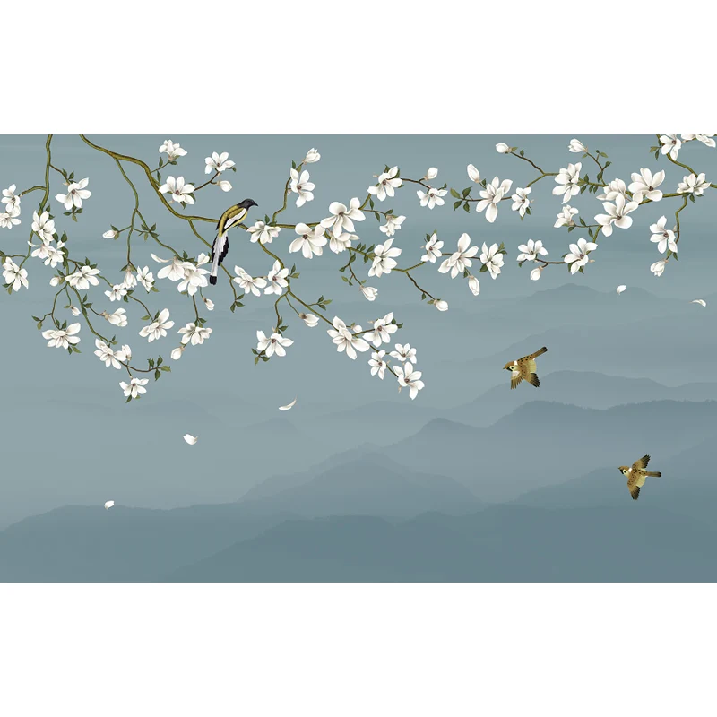 Wandbild mit Vogel- und Blumenzweigen für Zuhause, neblige Berglandschaft, Wandkunst Blau als Dekoration Clearhalo