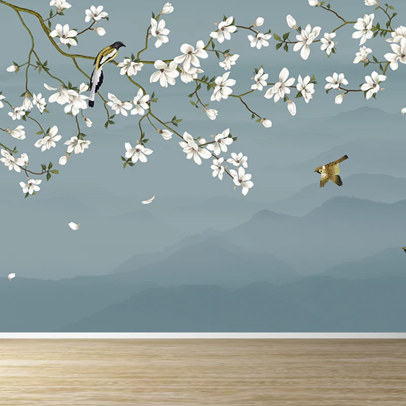 Wandbild mit Vogel- und Blumenzweigen für Zuhause, neblige Berglandschaft, Wandkunst Blau als Dekoration Clearhalo
