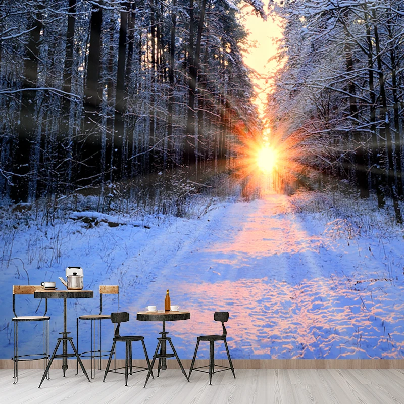 Wandbild „Sonnenuntergang, verschneiter Waldweg“, modernistische Vlieswandkunst Grau für das Wohnzimmer Clearhalo