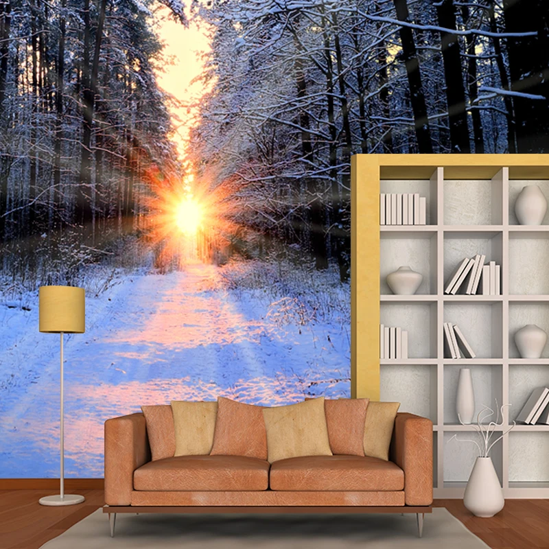 Wandbild „Sonnenuntergang, verschneiter Waldweg“, modernistische Vlieswandkunst Grau für das Wohnzimmer Clearhalo