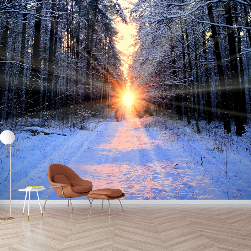 Wandbild „Sonnenuntergang, verschneiter Waldweg“, modernistische Vlieswandkunst Grau für das Wohnzimmer Clearhalo