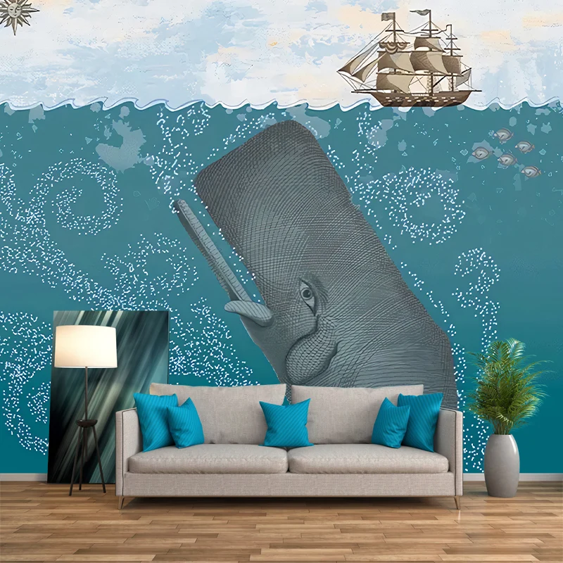 Wandgemälde für Kinder voller Größe, Pastellfarben, Unterwasserwal und Segelboot, Wanddekoration, personalisierte Größe Cl...