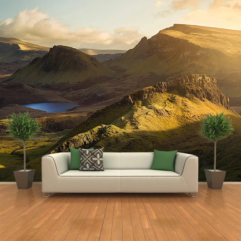 Wandgemälde mit Bergen voller Größe und Hintergrundbeleuchtung, moderne, bezaubernde Landschaft bei Sonnenuntergang, Wandk...