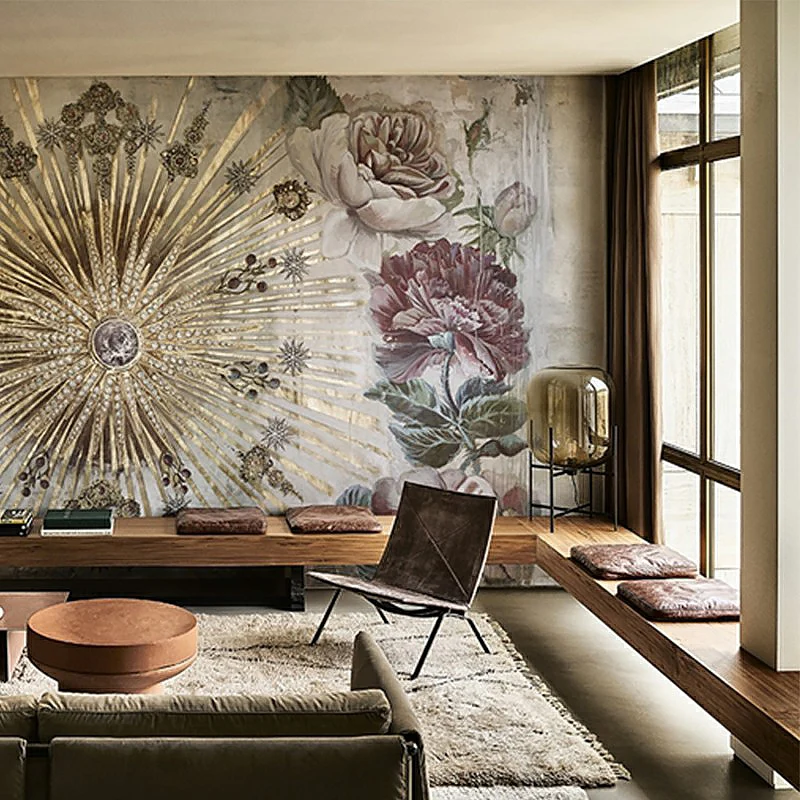 Wandgemälde mit blühenden Pfingstrosen im Retro-Stil, beige-rote Blumen-Wandverkleidung für Akzentwände Clearhalo