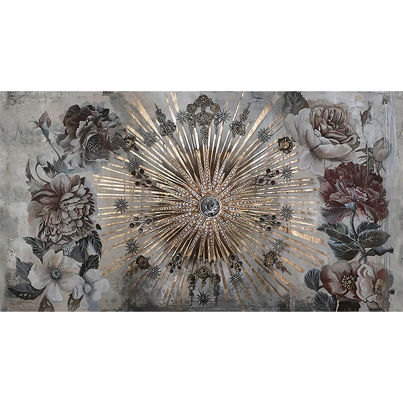 Wandgemälde mit blühenden Pfingstrosen im Retro-Stil, beige-rote Blumen-Wandverkleidung für Akzentwände Clearhalo