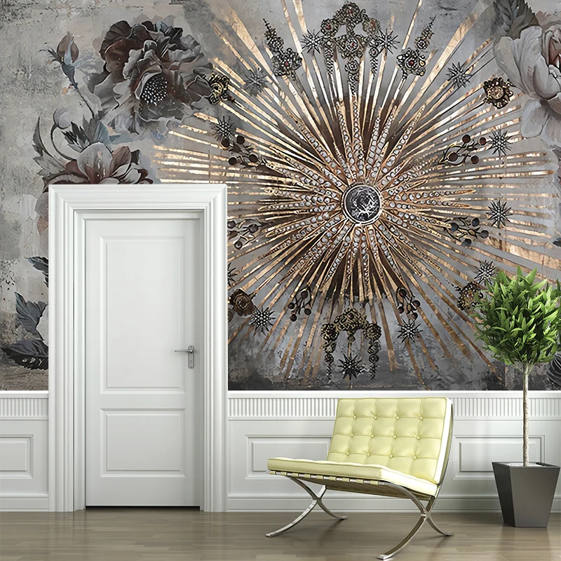 Wandgemälde mit blühenden Pfingstrosen im Retro-Stil, beige-rote Blumen-Wandverkleidung für Akzentwände Clearhalo