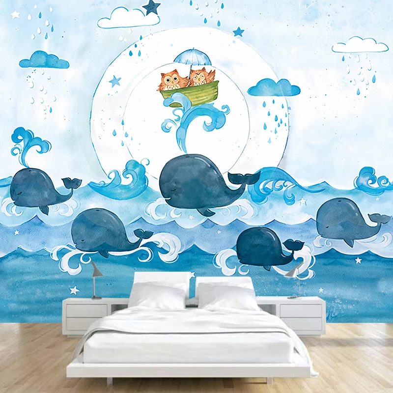 Wandgemälde mit Cartoon-Eulen und Walen, blaues Meer, Wanddekoration für Kinderzimmer, optionale Größe Clearhalo