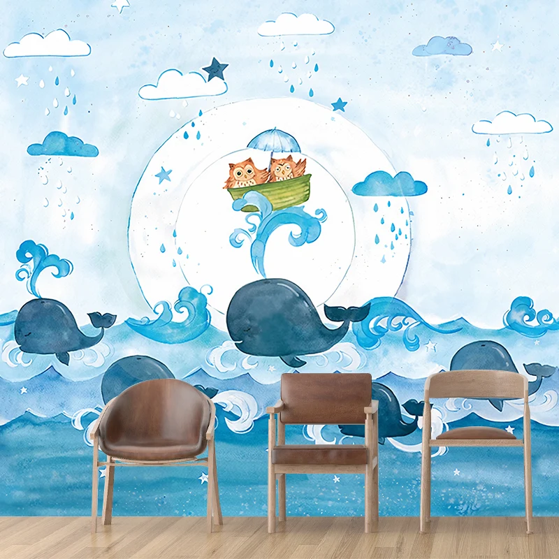Wandgemälde mit Cartoon-Eulen und Walen, blaues Meer, Wanddekoration für Kinderzimmer, optionale Größe Clearhalo