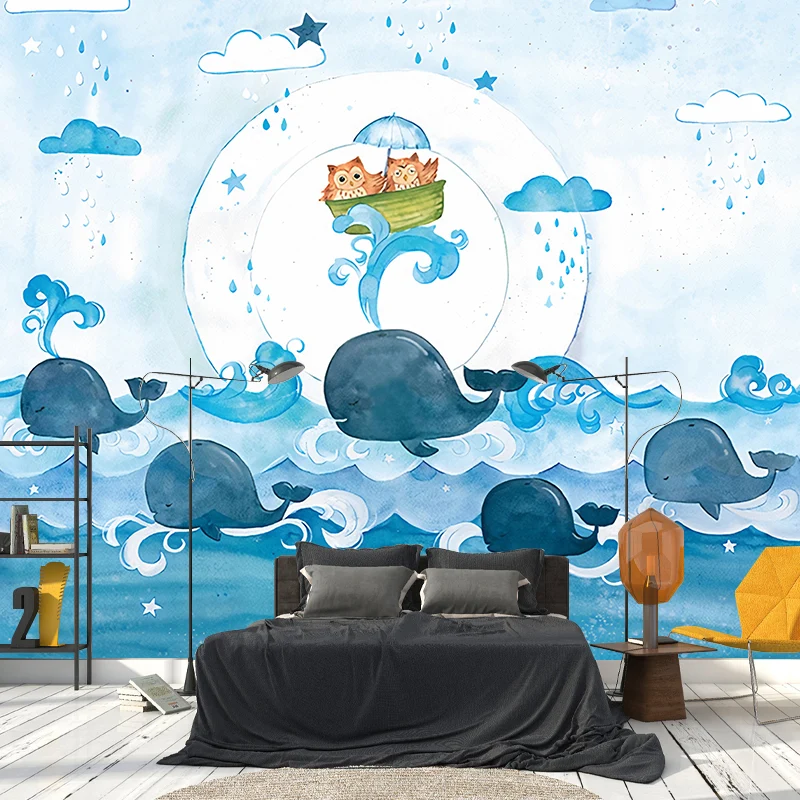 Wandgemälde mit Cartoon-Eulen und Walen, blaues Meer, Wanddekoration für Kinderzimmer, optionale Größe Clearhalo