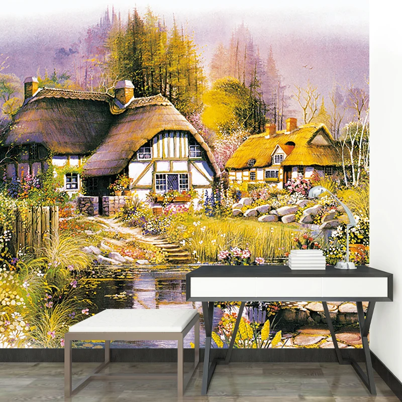 Wandgemälde mit Dorfhaus-Zeichnung, braun-grün-gelb, schmutzabweisende Wanddekoration Clearhalo