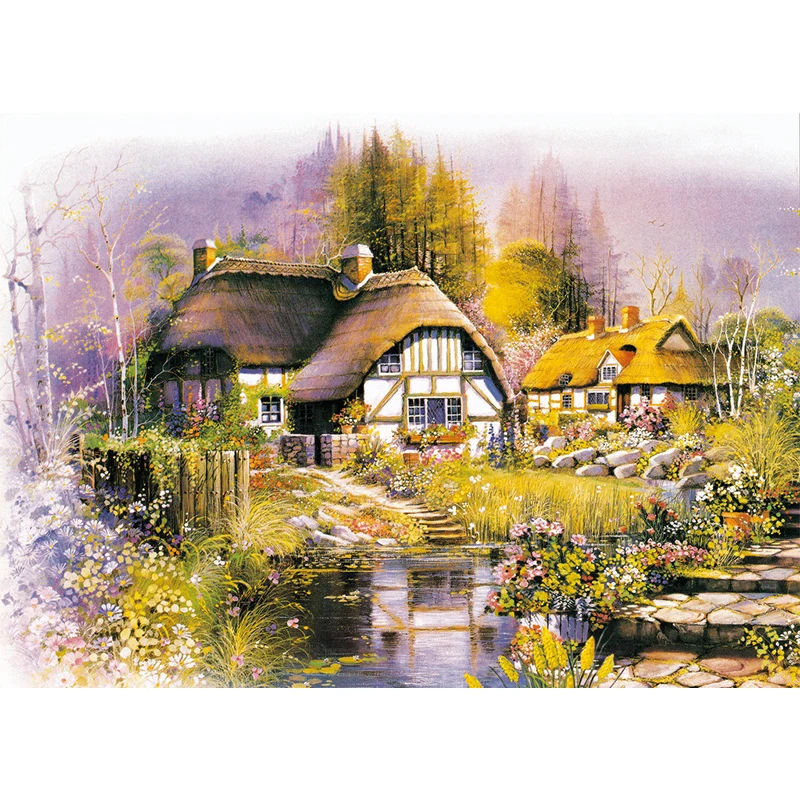Wandgemälde mit Dorfhaus-Zeichnung, braun-grün-gelb, schmutzabweisende Wanddekoration Clearhalo