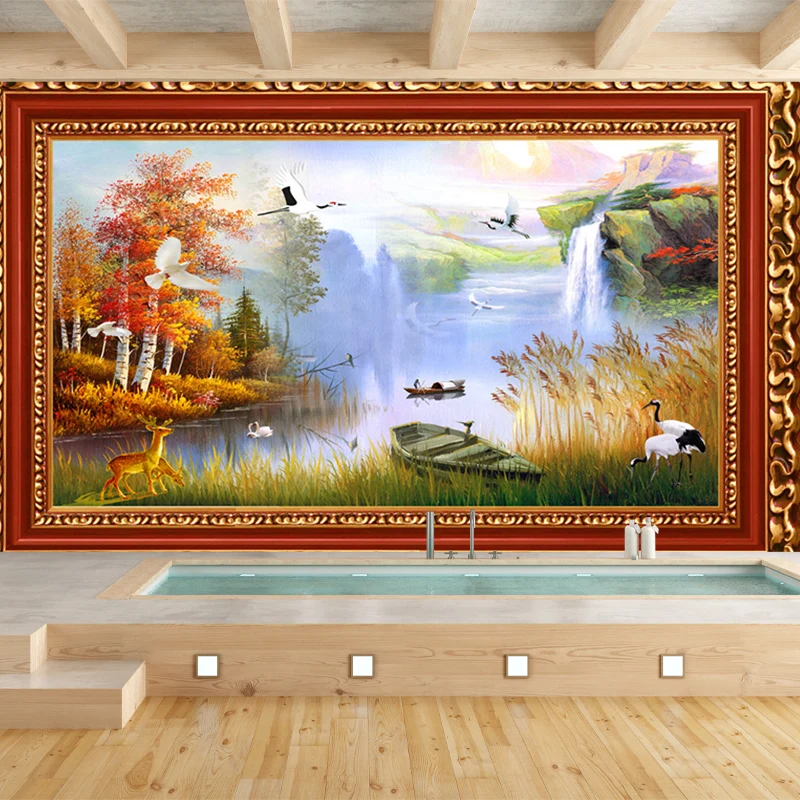Wandgemälde mit Frühlings- und Herbstlandschaften, Orange-Grün, moderne Kunst, Wanddekoration für Schlafzimmer Clearhalo