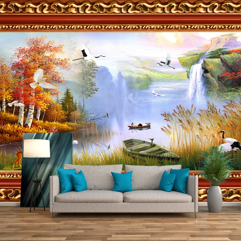 Wandgemälde mit Frühlings- und Herbstlandschaften, Orange-Grün, moderne Kunst, Wanddekoration für Schlafzimmer Clearhalo