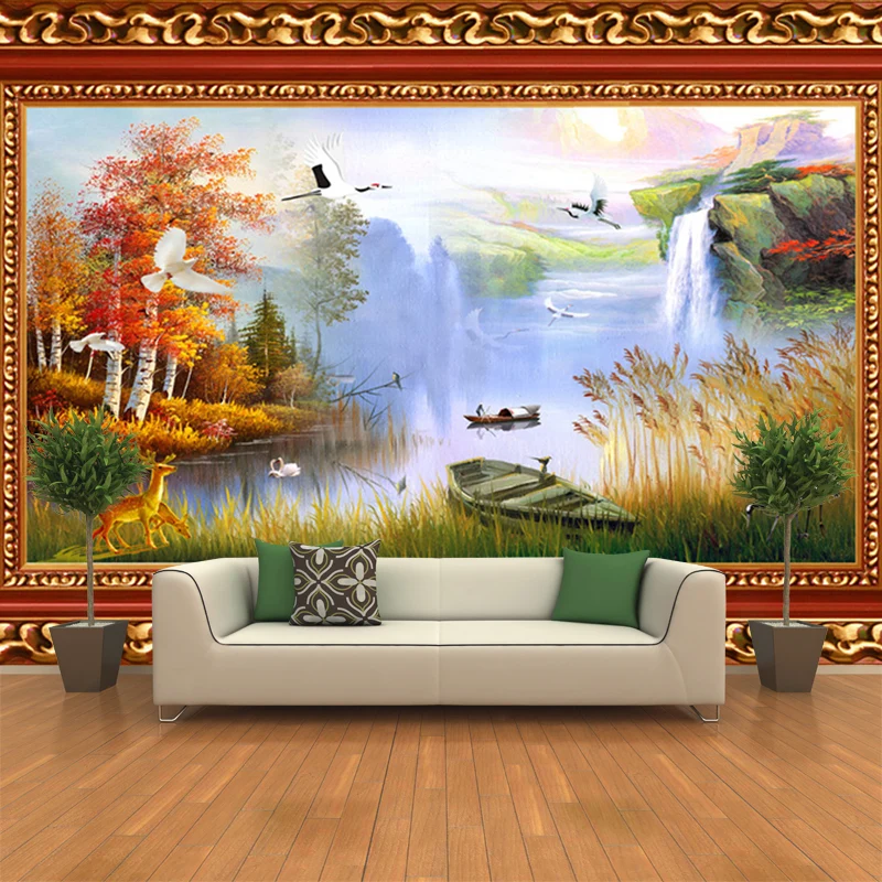 Wandgemälde mit Frühlings- und Herbstlandschaften, Orange-Grün, moderne Kunst, Wanddekoration für Schlafzimmer Clearhalo