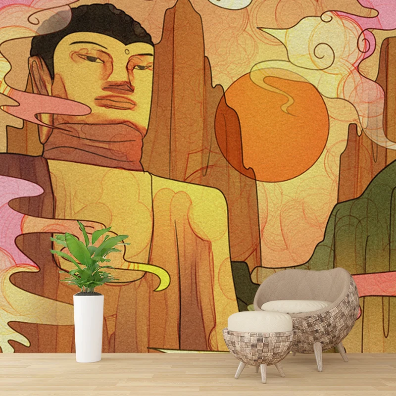 Wandgemälde mit gelbem Felsbuddha, wasserfest, orientalische Wandkunst für das Wohnzimmer, nach Maß gefertigt Clearhalo