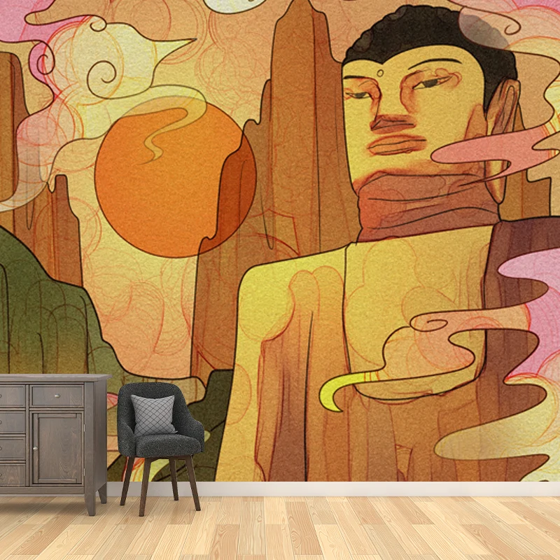 Wandgemälde mit gelbem Felsbuddha, wasserfest, orientalische Wandkunst für das Wohnzimmer, nach Maß gefertigt Clearhalo