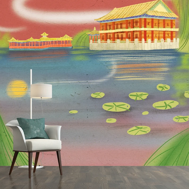 Wandgemälde „Tempel am Seeufer“ Aqua Chinoiserie Wanddekoration für das Wohnzimmer Clearhalo
