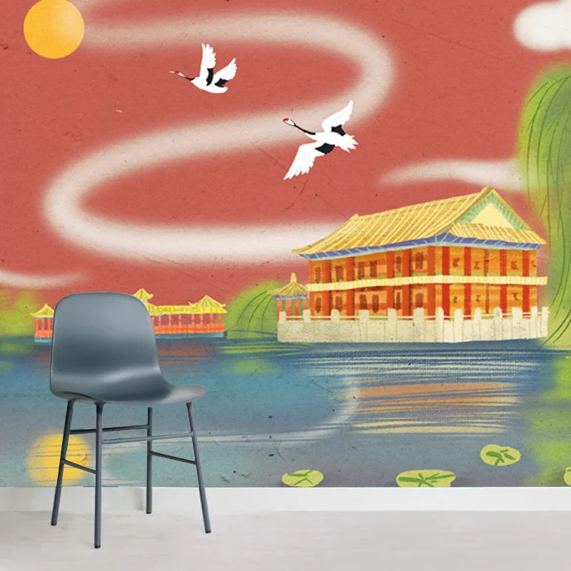 Wandgemälde „Tempel am Seeufer“ Aqua Chinoiserie Wanddekoration für das Wohnzimmer Clearhalo