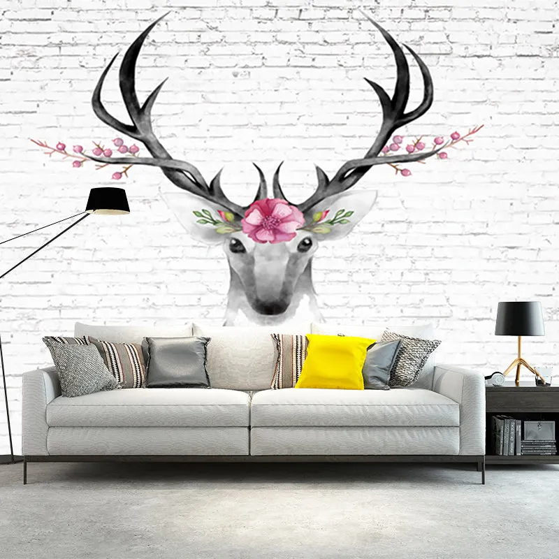 Wandtapete mit Hirschkopf und Ziegelstein, graue und rosa Art-Deco-Wandverkleidung für Schlafzimmer Clearhalo