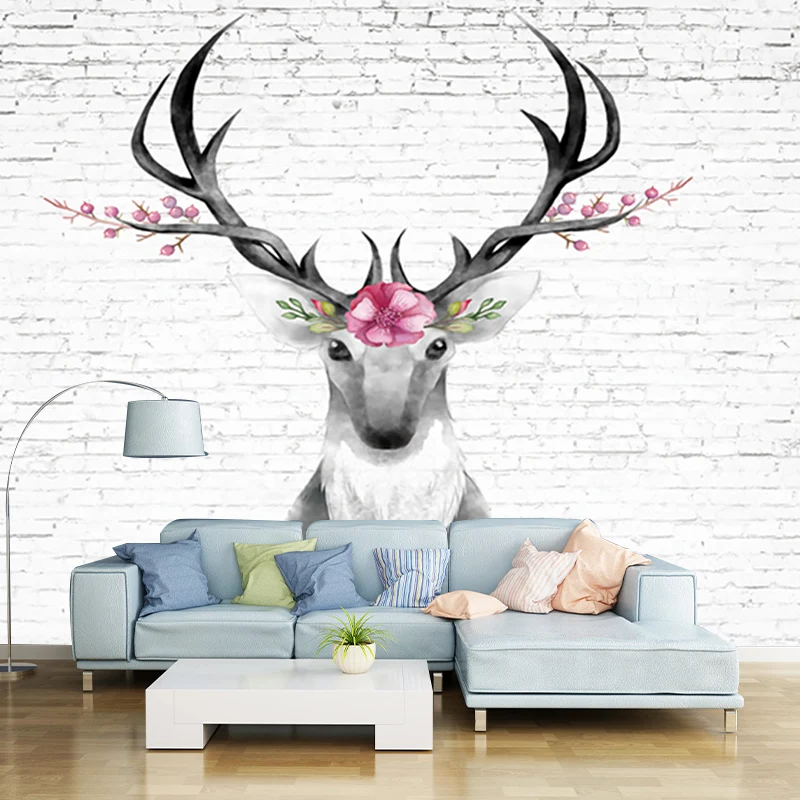 Wandtapete mit Hirschkopf und Ziegelstein, graue und rosa Art-Deco-Wandverkleidung für Schlafzimmer Clearhalo