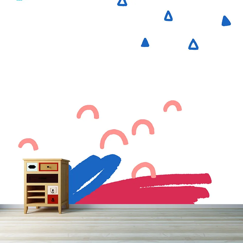 Wandtapete mit Kritzeleien für Kinder, blau-rotes Bogen- und Dreiecksmuster, Wandkunst für das Kinderzimmer Clearhalo