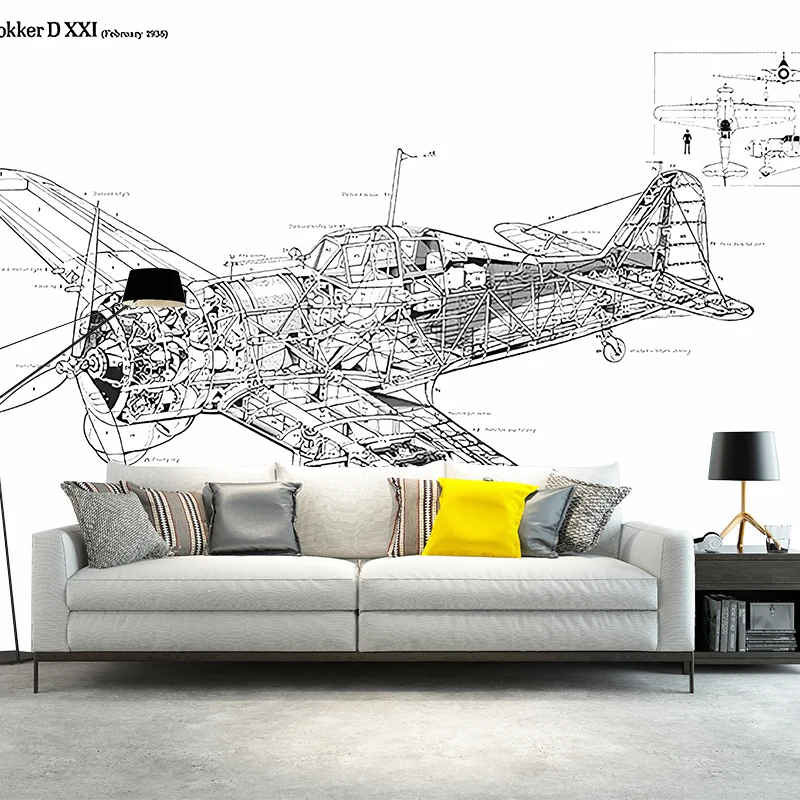 Wandtattoo „Flugzeug-Design“ für Akzentwand, Schwarz und Weiß, personalisierte Größe erhältlich Clearhalo