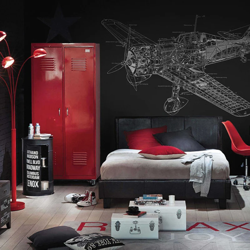 Wandtattoo „Flugzeug-Design“ für Akzentwand, Schwarz und Weiß, personalisierte Größe erhältlich Clearhalo