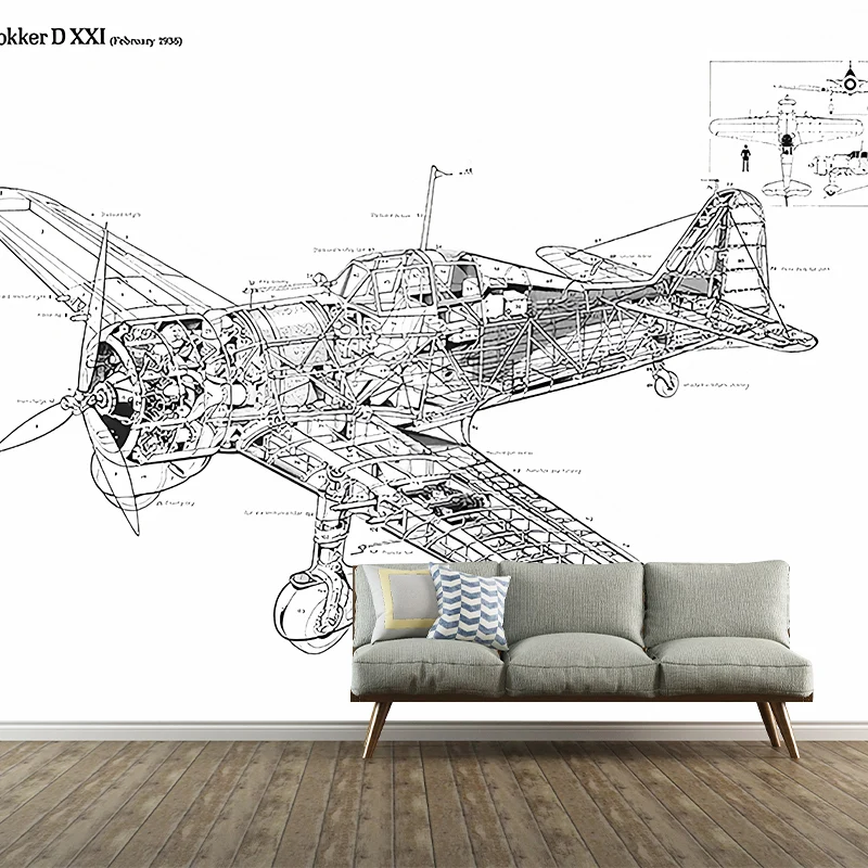 Wandtattoo „Flugzeug-Design“ für Akzentwand, Schwarz und Weiß, personalisierte Größe erhältlich Clearhalo