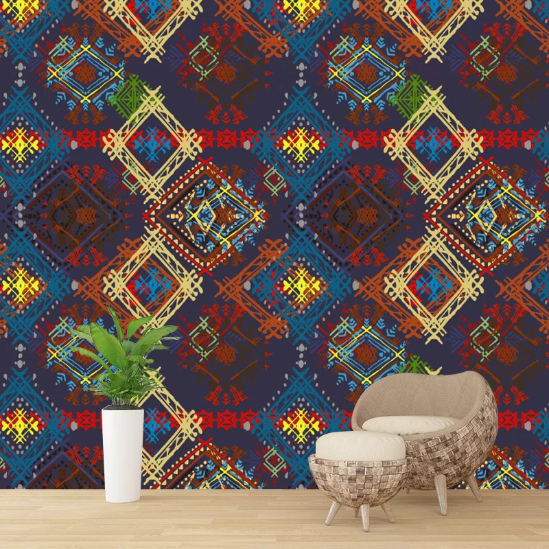 Wandtattoo mit Boho-Karomuster und nahtlosem Muster für Schlafzimmer, personalisierte Wandverkleidung Rot-Gelb-Blau Clearhalo