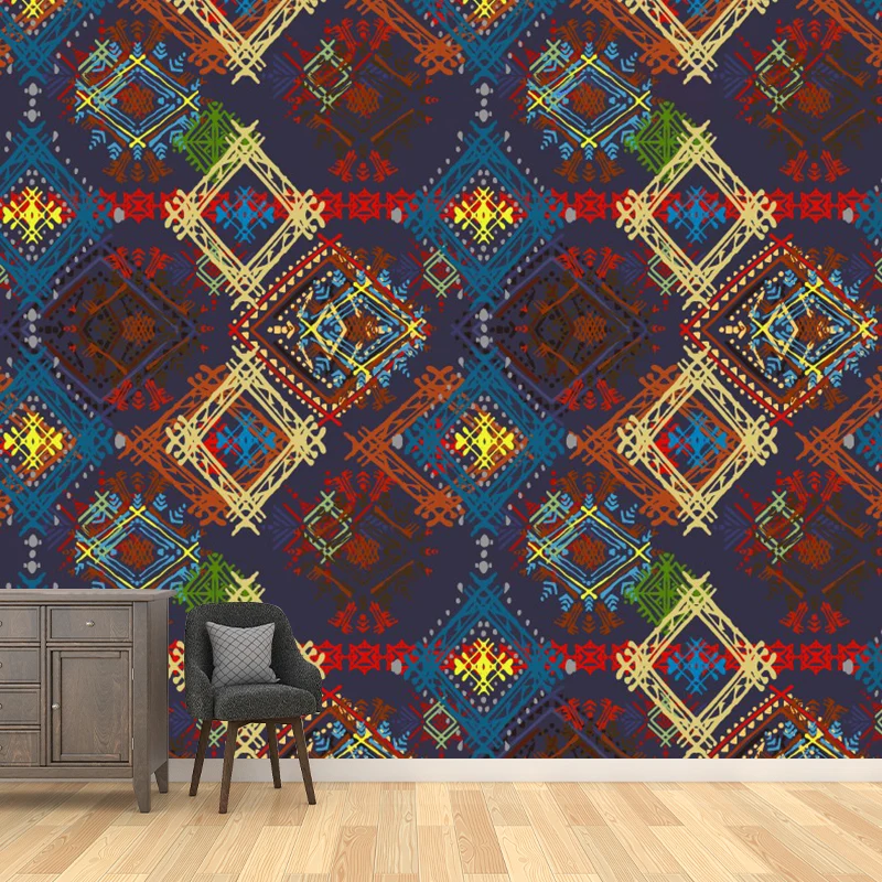 Wandtattoo mit Boho-Karomuster und nahtlosem Muster für Schlafzimmer, personalisierte Wandverkleidung Rot-Gelb-Blau Clearhalo
