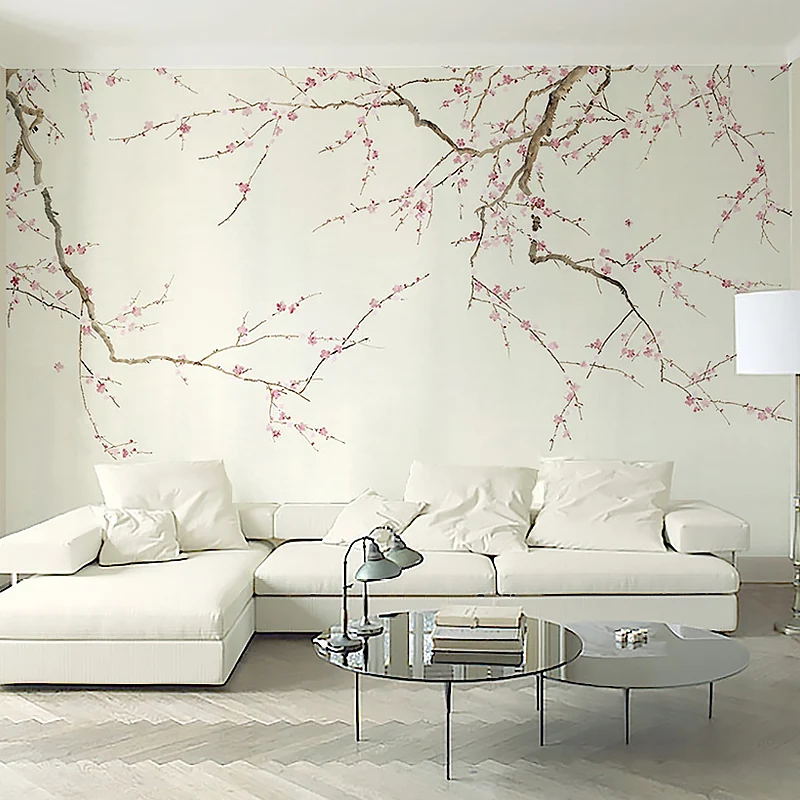 Wandverkleidung im Fotostil „Pflaumenblüten“ voller Größe für das Schlafzimmer eines Mädchens, nach Maß gefertigt Clearhalo
