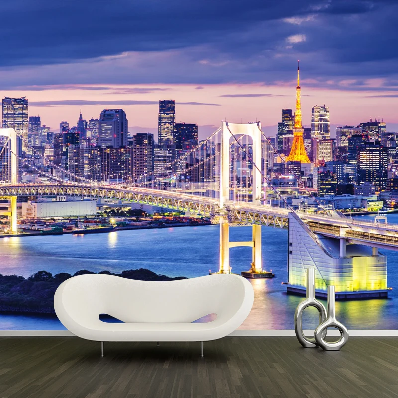 Wandverkleidung „Simplicity“ Originalgröße mit Wandtapete „Purple Bridge“ und „Sonnenuntergang“, individuell bedruckt Clea...