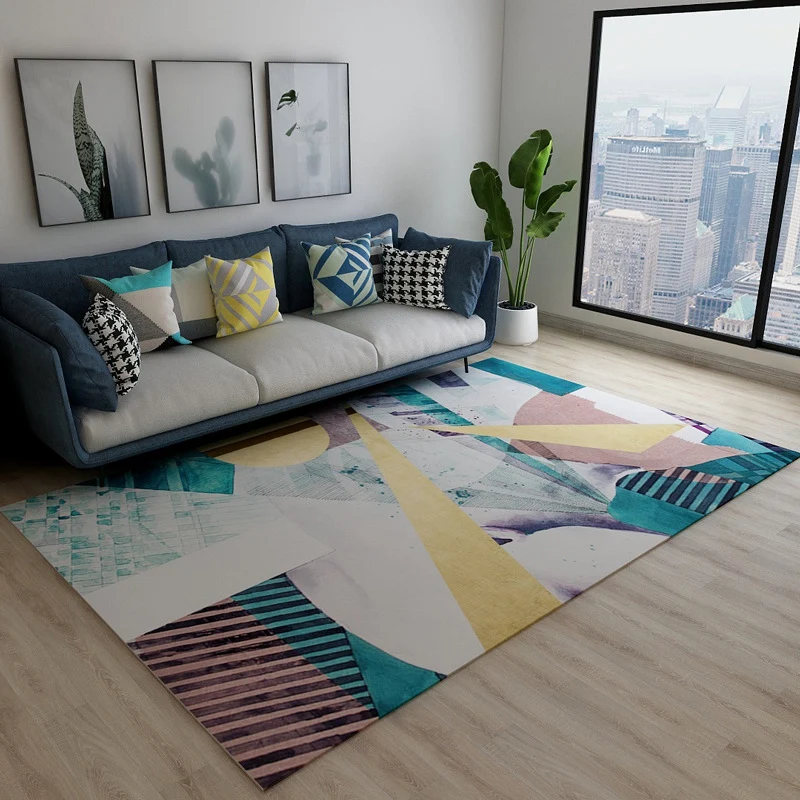 Waschbarer Teppich im modernistischen Stil mit buntem Blockmuster, Polyester-Flächenteppich für das Wohnzimmer Clearhalo