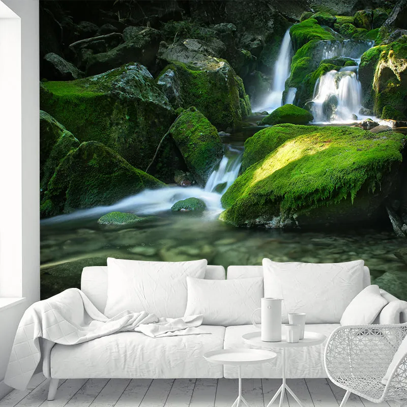 Wasserfall mit Moosstein-Wandaufkleber, grüne Modernismus-Wandverkleidung für die Heimgalerie Clearhalo