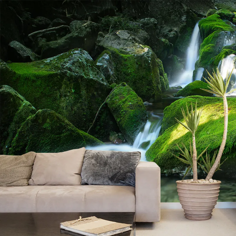 Wasserfall mit Moosstein-Wandaufkleber, grüne Modernismus-Wandverkleidung für die Heimgalerie Clearhalo