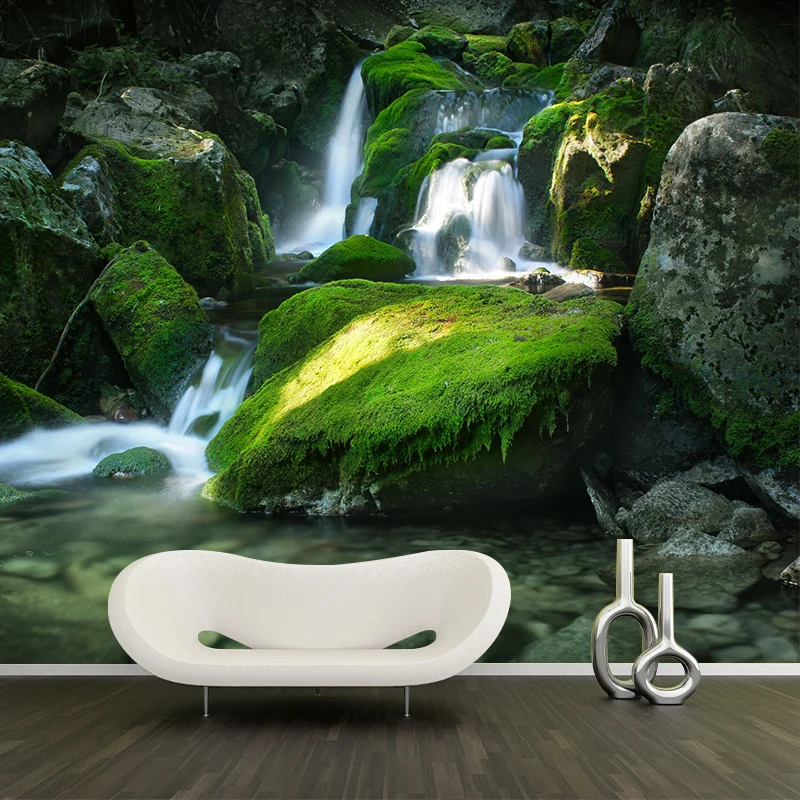 Wasserfall mit Moosstein-Wandaufkleber, grüne Modernismus-Wandverkleidung für die Heimgalerie Clearhalo