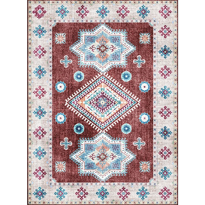 Weiß getünchter Teppich mit Medaillonmuster, roter marokkanischer Teppich aus Polyester, maschinenwaschbarer, rutschfester...
