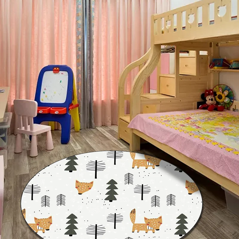 Weißer Kinderzimmerteppich, Kindertier-Fuchs-Baum-Muster, schmutzabweisender Polyester-Teppich Clearhalo